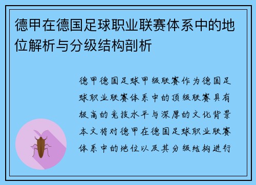 德甲在德国足球职业联赛体系中的地位解析与分级结构剖析